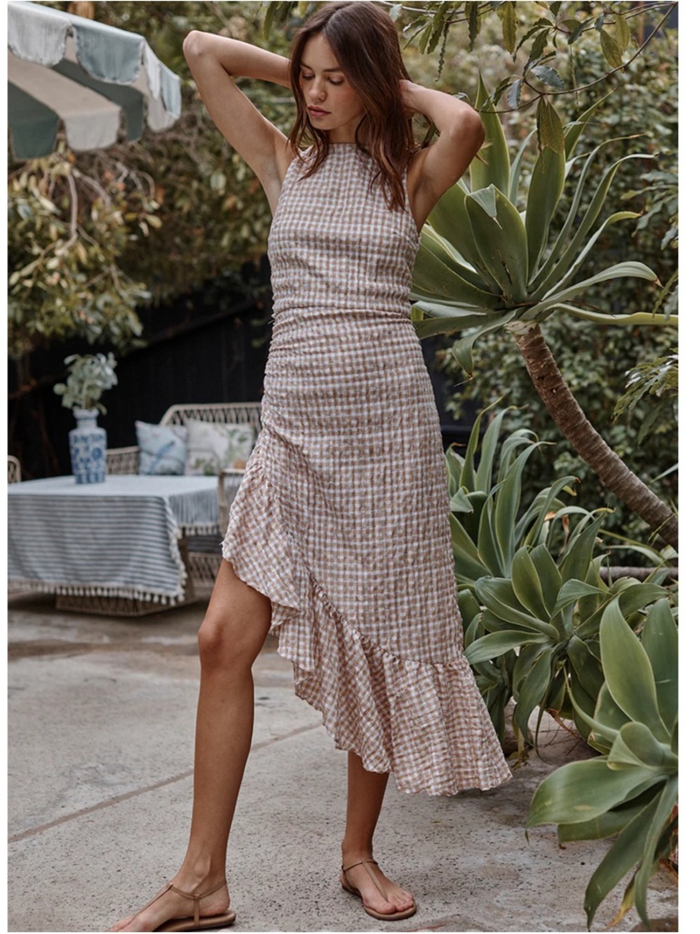 Misa Los Angeles Bertha Gingham Asymmetrical Ruffle-Hem Maxi dress